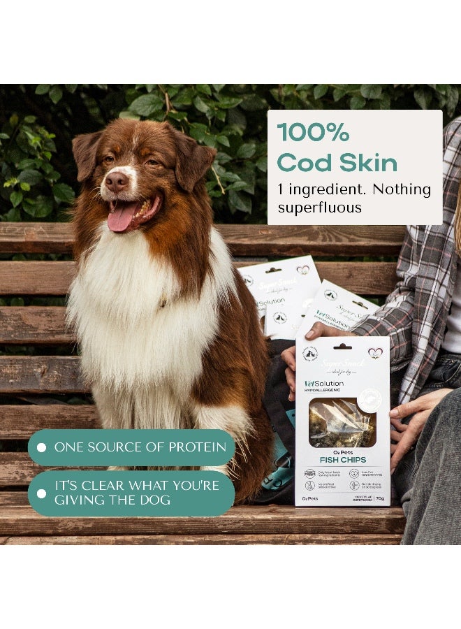 O2Pets Dog and Puppy Fish Chips Hypoallergenic Treats – 100% Cod Skin Single Ingredient Snack – Healthy Reward for Sensitive Skin, Food Sensitivities & Gentle Digestion, Natural Dental Plaque Prevention 70g - Image 2